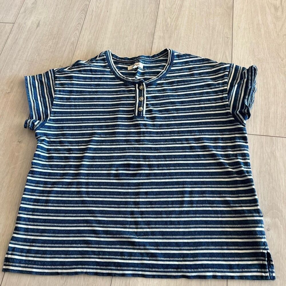 Madewell Navy and White Striped Henley Tee